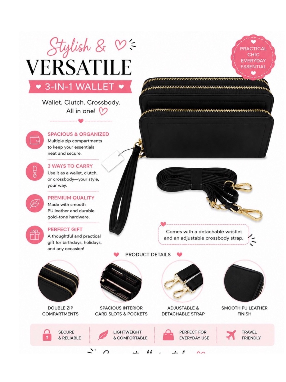 MIDNIGHT BLACK TRIPLE ZIP WRISTLET CROSSBODY BAG